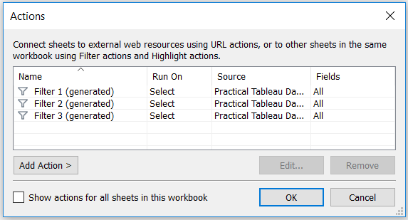 Liste des actions de tableau de bord de Tableau