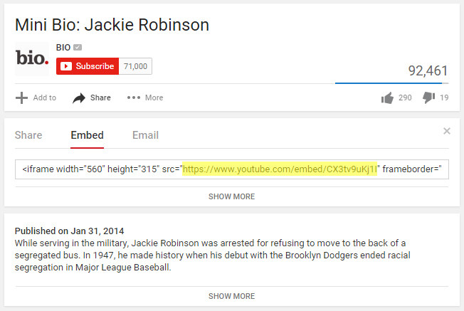 Lien d'intégration YouTube pour l'action Tableauboard URL