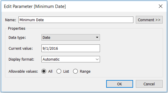 Tableau Minimum Date Parameter