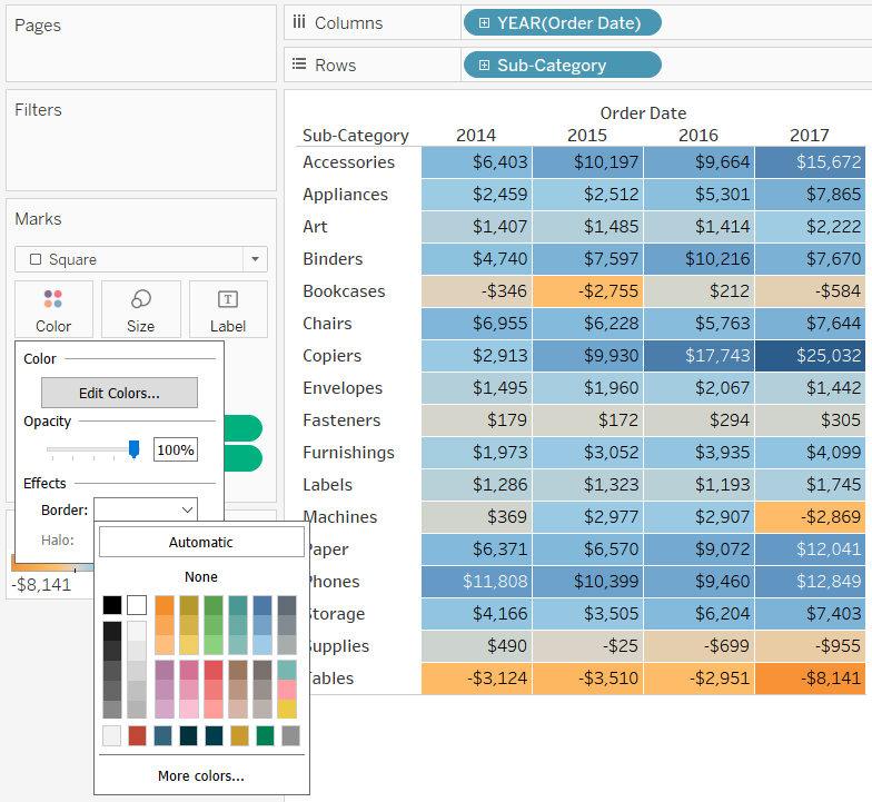 Changing the Border Effect on the Color Marks Card in Tableau